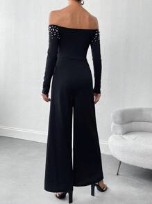 SHEIN Privé Damen Jumpsuit mit Perlenverzierung, Off-Shoulder Design und weitem Bein - Schwarz - Übersicht 2