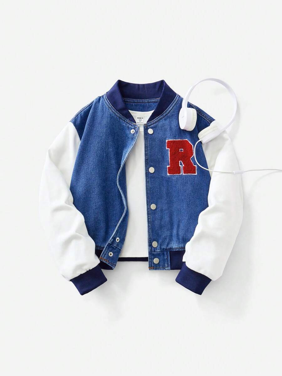 SHEIN Tween Girls Denim Jacket And Hoodie Patchwork Design Washed Denim Jacket ,Bomber Jacket Kids - Medium Wash - View 1