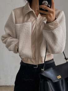 DAZY Women's Autumn Casual Color Block Cropped Jacket,Thermal Lined - Beige - View 5