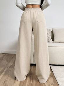 SHEIN EZwear Women's Apricot Color Cordury  Wide Leg Pants,Autume / Winter - Khaki - View 2