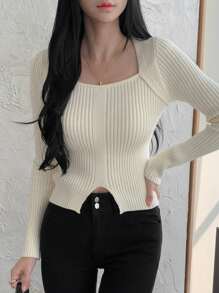 DAZY Women's Solid Color Simple Fitted Long Sleeve Sweater, Casual Daily Wear