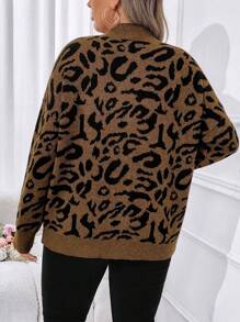 Calvaya Áo khoác cardigan dáng rộng tay dài hở vai họa tiết da báo cỡ lớn cho nữ, mùa đông - màu nâu - Xem 2