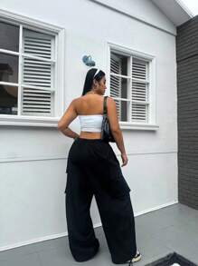 Vibekara Plus Size Women Elastic Waist Drawstring Cargo Pants With Hem Embellishment Fall Cloth For Women - Black - View 2