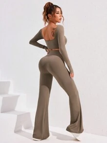 SHEIN Sport Studio Women Solid Color Crew Neck Long Sleeve Top And Flared Leg Pants & Set, Fall Two Pieces Outfit Workout Women Set Women Leggings Set