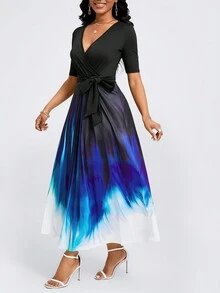 Plus Size Women's Elegant Tie-Knot Ombre Short Sleeve Dress, Autumn - Blue - View 4