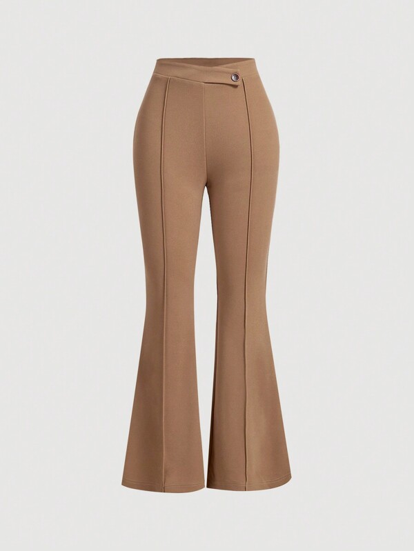 SHEIN MOD Pantalones de pierna acampanada de cintura alta con pliegues de dientes de sierra negros, pantalones acampanados para mujeres, pantalones acampanados para niñas, pantalones marrones