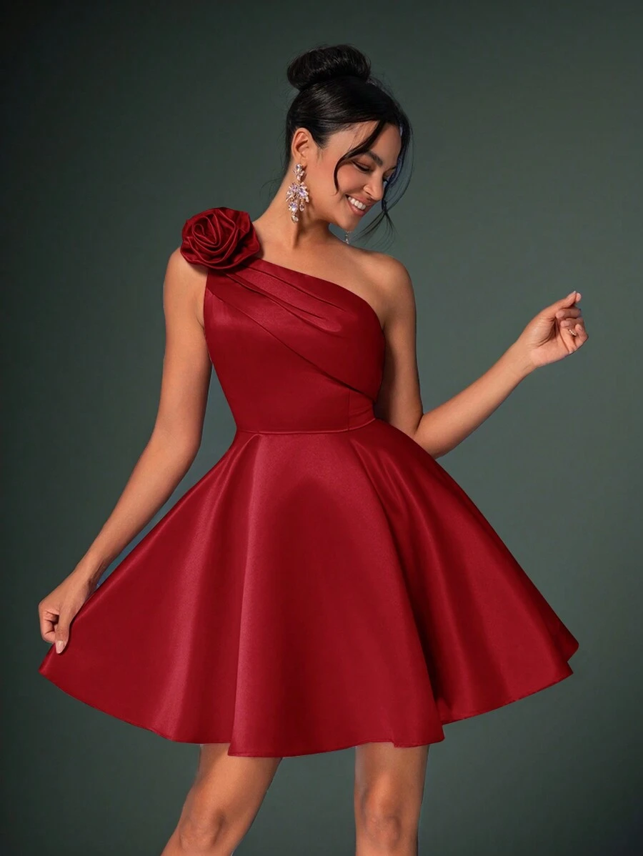 Lovelzi Elegant Luxurious 3D Floral Asymmetrical Neck Ruffle Prom Mini Homecoming Dress, Semi Formal Dress, For Birthday, Wedding Guest, Graduation Party Dress