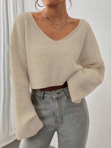 SHEIN Unity Women's Oversized V-Neck Textured Knit Casual Sweater, Autumn/Winter,Long Sleeve Tops, Knit Pullover Fall - Apricot - View 4