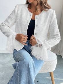 SHEIN Privé 女式白色长袖羽绒袖短款毛圈布夹克 - 白色 - 查看 3