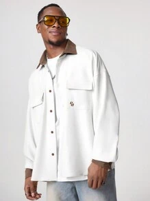 Manfinity VCAY Men's Loose Fit Embroidered Long Sleeve Woven Shacket, For Fall Winter - White - View 2