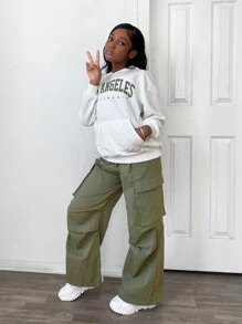 SHEIN 2 pièces Ensemble de Sweat-shirt à capuche décontracté et pantalon côtelé avec poches pour filles pré-adolescentes