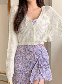 DAZY Women's Solid Color Button Front Long Sleeve Minimalist Cropped Cardigan Sweater - White - View 1