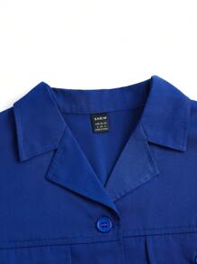 TaskEZ Women's Solid Color Notched Collar Long Sleeve Button Front Pocket Simplistic Blouse And Pants Workwear Set - Blue - View 16