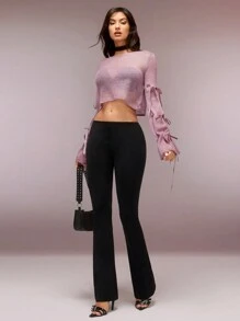 SHEIN Unity Áo cánh nữ cổ tròn tay dài buộc dây thời trang thiết kế lưới cắt cúp lãng mạn nhẹ nhàng thanh lịch - Màu tím hoa cà - Xem 6