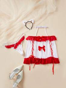 SHEIN Spicy Aura Trang phục mèo hầu gái gợi cảm có thể điều chỉnh nơ, màu đỏ với viền xếp nếp màu trắng, cỡ lớn, dễ thương và ngọt ngào - Nhiều màu - Xem 6
