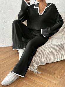 Joy针织女士休闲落肩宽松V领撞色包边毛衣和宽松阔腿针织裤套装（黑色） - 黑色 - 查看 5