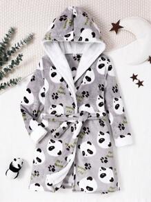 Tween Girl Cute Panda Print Double-Sided Fleece Patchwork Cozy Warm Hooded Long Robe Loungewear - Multicolor - View 1