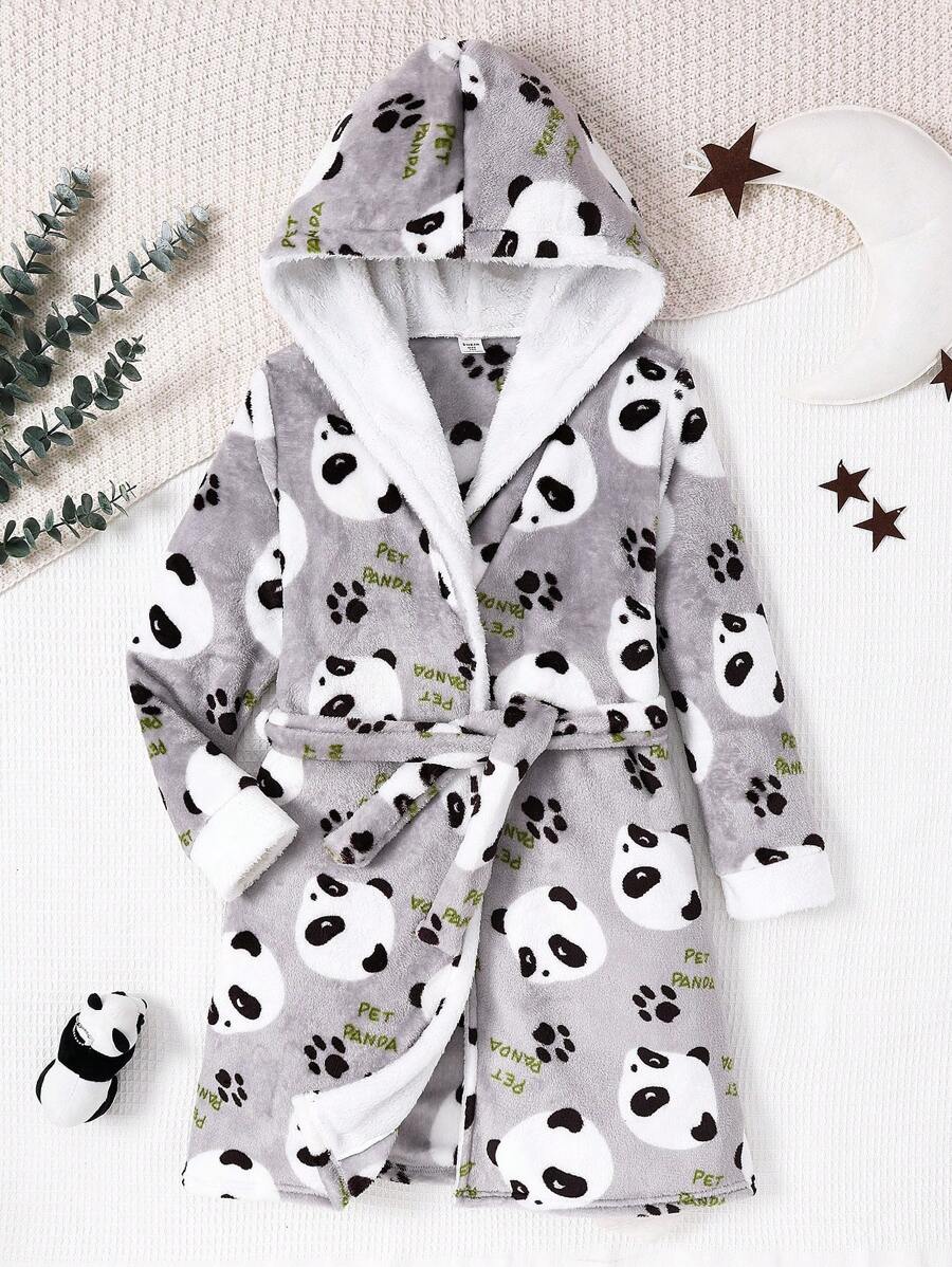Tween Girl Cute Panda Print Double-Sided Fleece Patchwork Cozy Warm Hooded Long Robe Loungewear - Multicolor - View 1