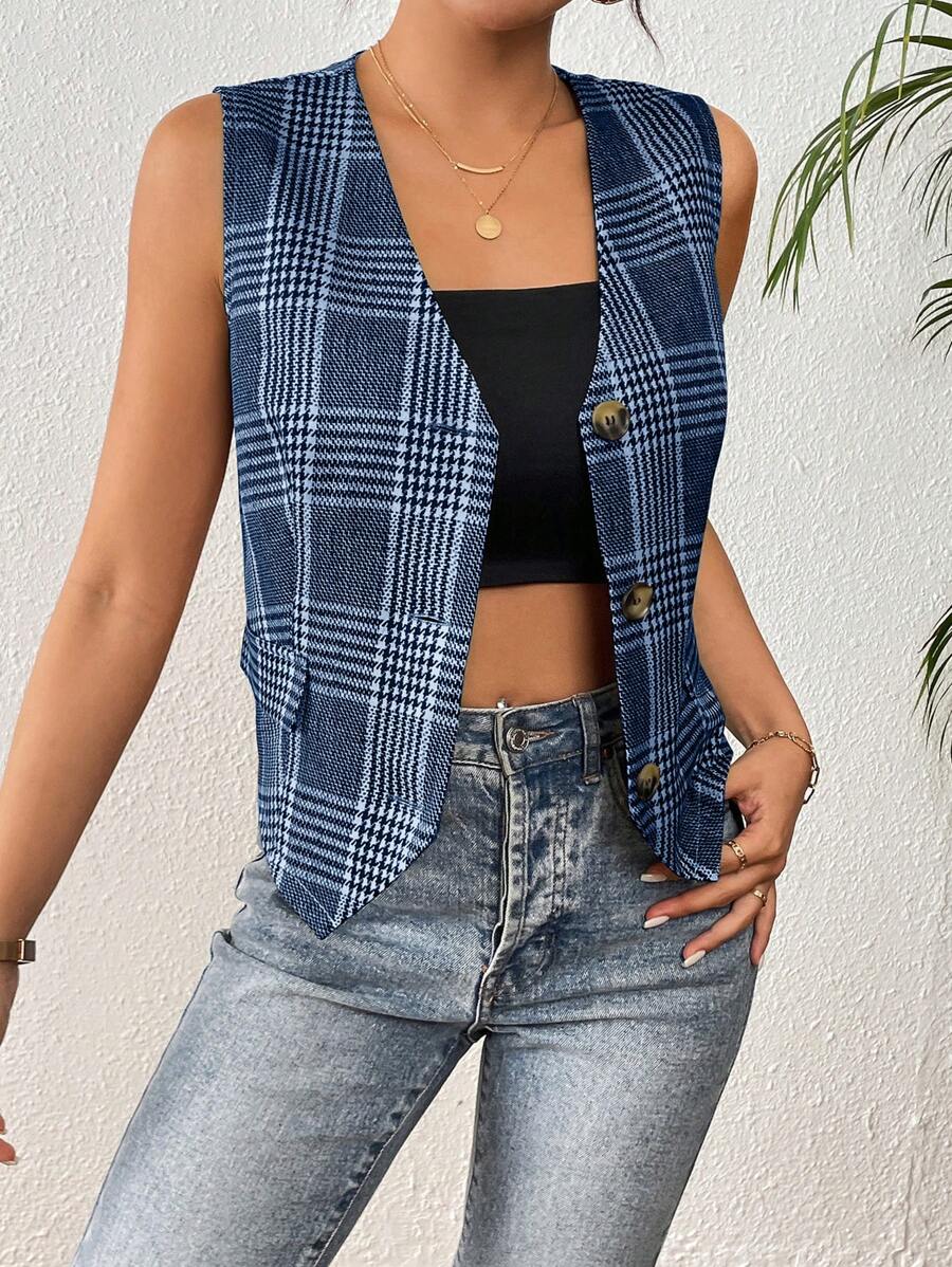 Chiquease 复古格纹设计背心，欧美时尚风，百搭夏日 - 藏蓝色 - 查看 1