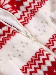 Baby Girl Fair Isle Pattern Fleece Hooded Jumpsuit, Holiday, For Christmas - Multicolor - View 4