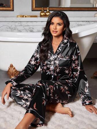 LuxeNights Ensemble de pyjama à manches longues avec col en soie synthétique imprimé floral et pantalon, idéal pour les vacances