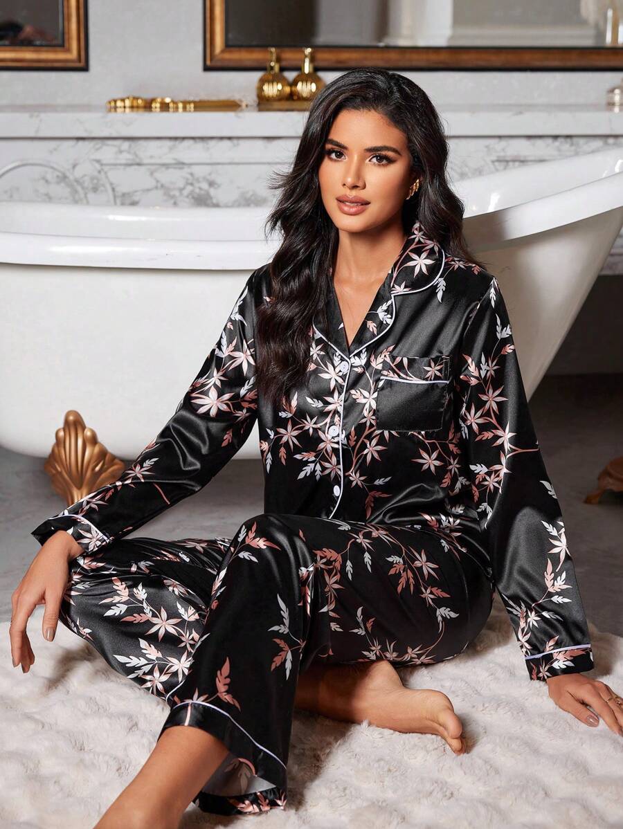 LuxeNights Faux Silk Floral Print Collared Long Sleeve Top & Pants Pajama Set, Fall Winter Clothes Cozy And Elegant Details - Black - View 1