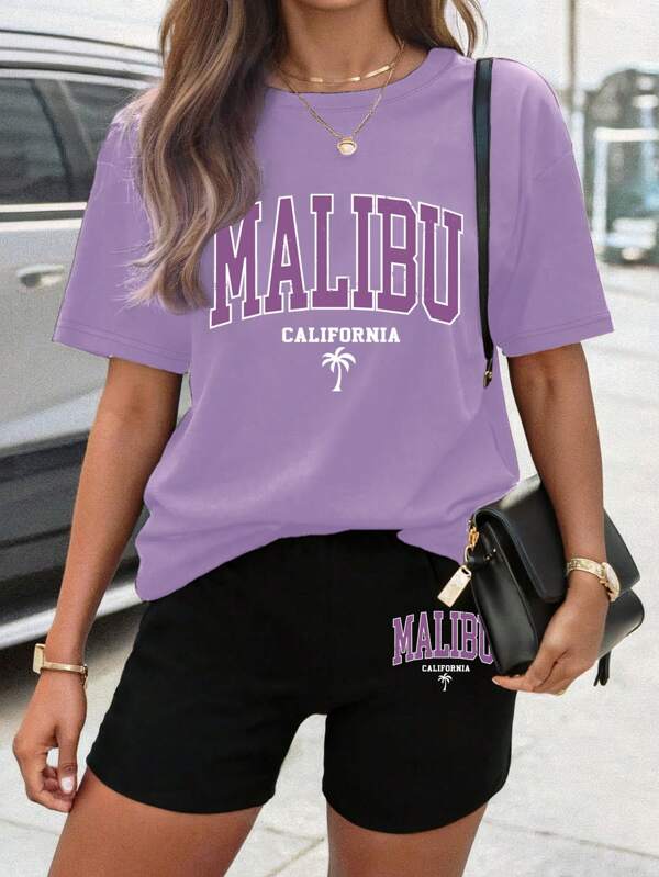 SHEIN 2pcs Women Summer Casual Letter Print T-Shirt And Shorts Set