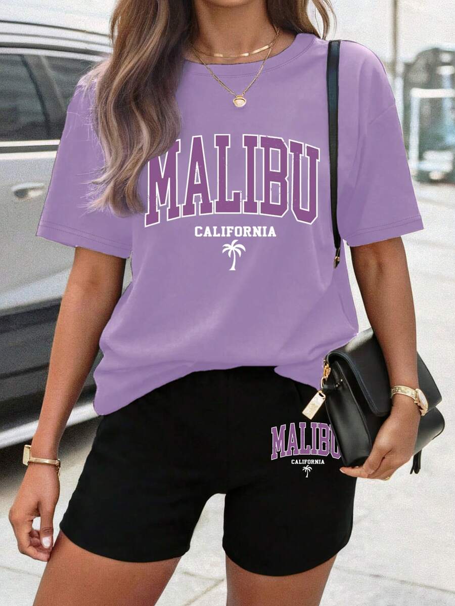 SHEIN 2 件女式夏季休闲字母印花 T 恤和短裤套装 - 紫色 - 查看 1