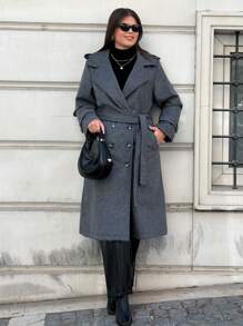 RueChic Plus Size Double Breasted Slant Pocket Belted Overcoat - Grey - View 4