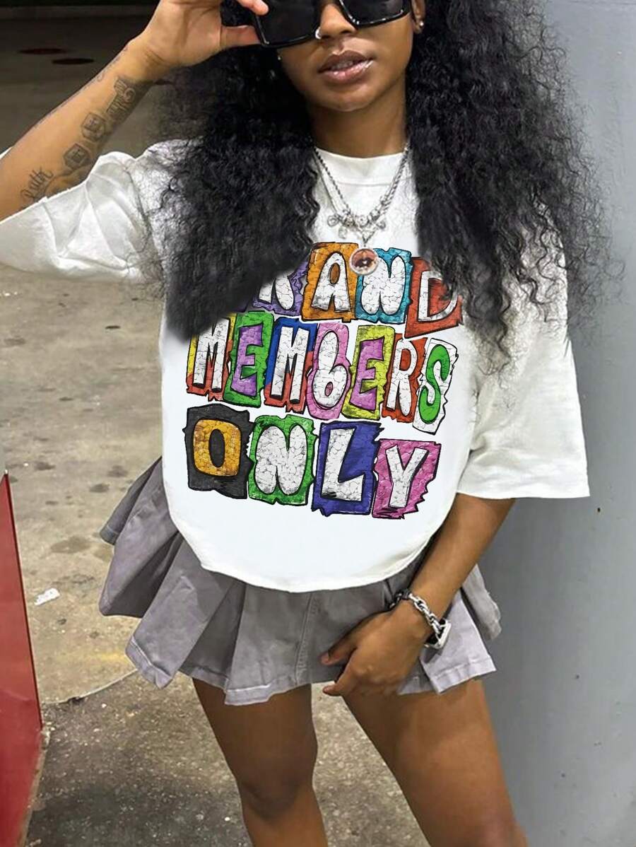 SHEIN Ladies Casual Letter Print Short Sleeve T-Shirt, Summer Graphic Tees Women Tops - White - View 1