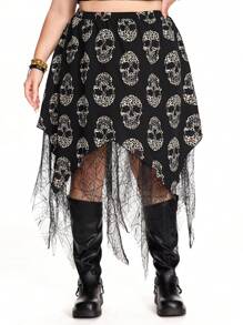 ROMWE Grunge Punk Plus Size Women's Asymmetrical Hem Punk Skeleton Print Mesh Skirt, Halloween - Black - View 2