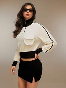 SHEIN Unity Women's Colorblock Collared Cropped Sweatshirt, Spring & Autumn - Multicolor - View 3