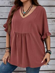 EMERY ROSE Plus Size Women's Vacation Casual Plain Mom Shirts With Ruffled Sleeves For Summer