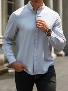 Manfinity Homme Men's Plain Front Button Long Sleeve Stand Collar Shirt - Light Grey - View 3