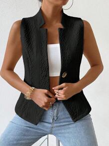 SHEIN Clasi 大尺碼女款單排扣提花圖案背心，冬季秋冬辦公室晚餐婚禮賓客優雅破洞黑色 - 黑色 - 查看 6