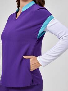 TaskEZ Parte superior de uniforme de manga corta tipo murciélago de cuello en V de color contrastante, parte superior de uniforme clásica moderna suave con ribete de contraste