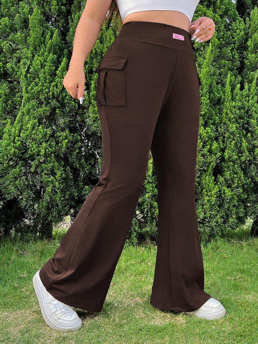 SHEIN EZwear 女式加大码口袋针织弹力喇叭裤 - 棕色 - 查看 1