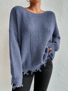 SHEIN Essnce Atasan Kasual Lengan Panjang Kerah Bulat Polos Ukuran Besar untuk Musim Gugur/Acara Warna Biru Muda - Biru - View 4