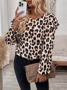 SHEIN LUNE Women Leopard Print Round Neck Long Sleeve Blouse - Multicolor - View 3