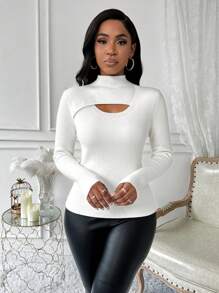 SHEIN Clasi Solid Color Long Sleeve Mock Neck Hollow Out Front Fleece Sweater, Casual Wear