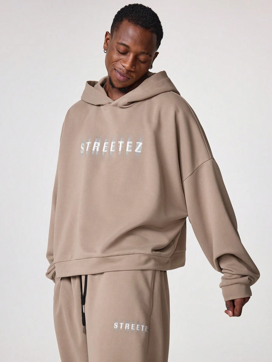 Manfinity VCAY Men Simple Print Hooded Sweatshirt & Pants Set, For Fall Winter - Black - View 1