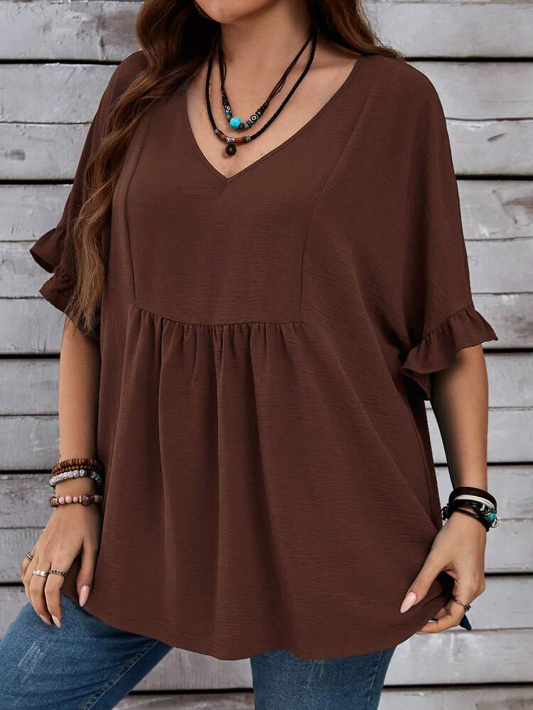 Plus Size Women's Vacation Casual Dark Blue Mom Shirts With Ruffled Sleeves For Summer