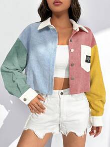 SHEIN EZwear Chaqueta corta abotonada con parche de letra y bolsillo de pana para otoño/invierno - Multicolor - Ver 4
