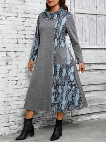EMERY ROSE Plus Size Lange Herfstjurk Dames Effen Kleur Bedrukt Eenvoudige Dagelijkse Lange Mouw Jurk, Herfst Dameskleding