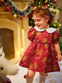 1 件装女婴圣诞节假期印花领腰褶边连衣裙，公主风格 - 彩色 - 查看 8