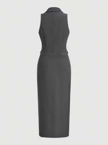 Firerie Women's Dark Gray Suit Vest Top And Long Half-Body Skirt Two-Piece Set,Skirt Two-Piece Set,Suit Vest Two Piece Set,Teacher Clothes,Fall Women Outfits,Perfect For Everyday, Commuting, Dating, Back-To-School Season, Winter, Business Casual, Elegant - Dark Grey - View 2