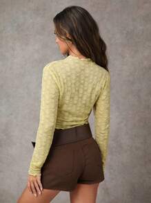 SHEIN BAE Blusa elegante de cuello redondo de manga larga con pliegues y bordados de moda para mujer