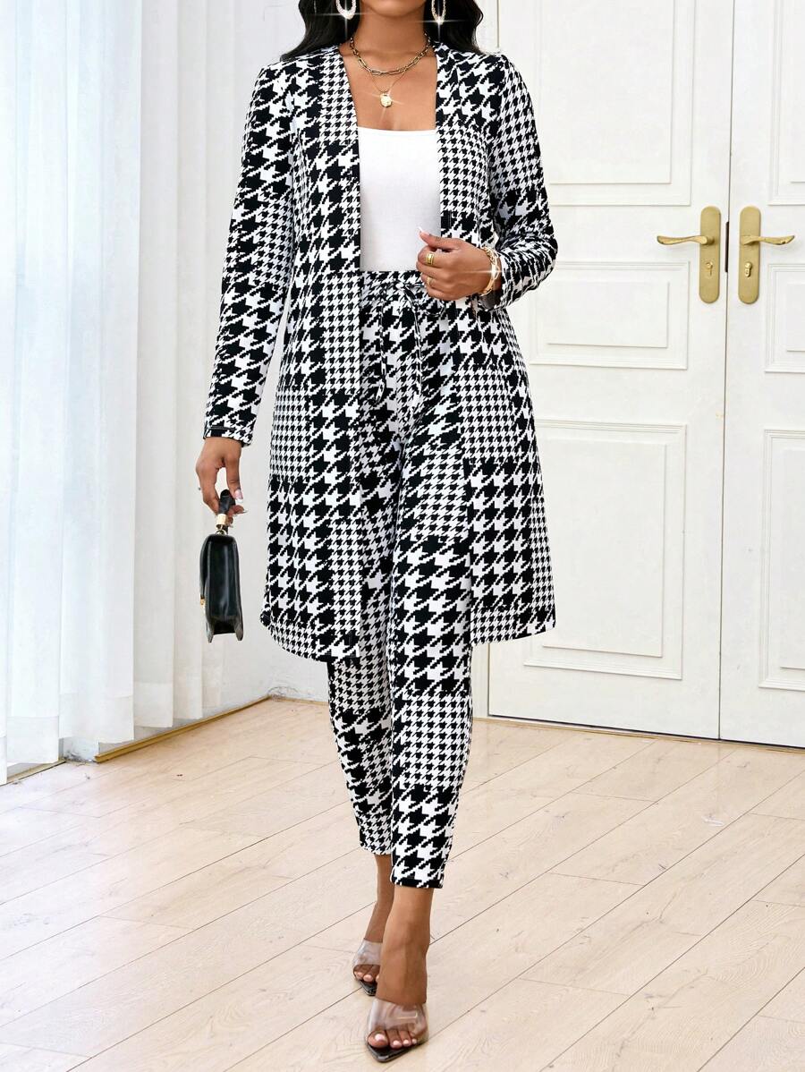 SHEIN Lady 2 件套女士全身印花长袖夹克和抽绳裤优雅套装