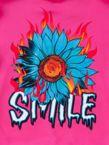 SHEIN 2 件套 Tween Girl 花卉印花连帽衫和运动裤套装 - 玫紅色 - 查看 6