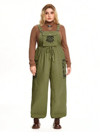 Hippie Plus Size Women's Hippie-Style Nepal Swirl Paisley Printed Bib Pants